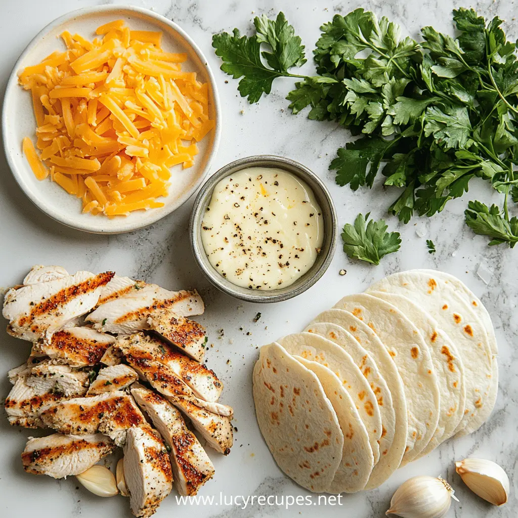  Ingredients for Cheesy Garlic Chicken Wraps, including grilled sliced chicken, shredded cheddar cheese, creamy garlic sauce, flour tortillas, and fresh parsley, arranged on a marble surface.