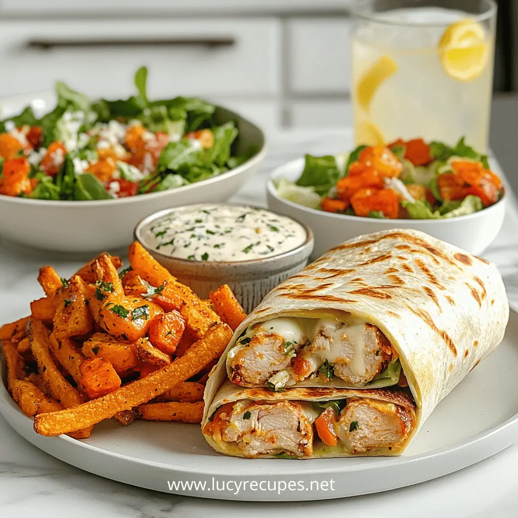 A plate with Cheesy Garlic Chicken Wraps cut in half, served with crispy sweet potato fries, a side of creamy dipping sauce, and fresh salads in the background with a glass of lemon water.