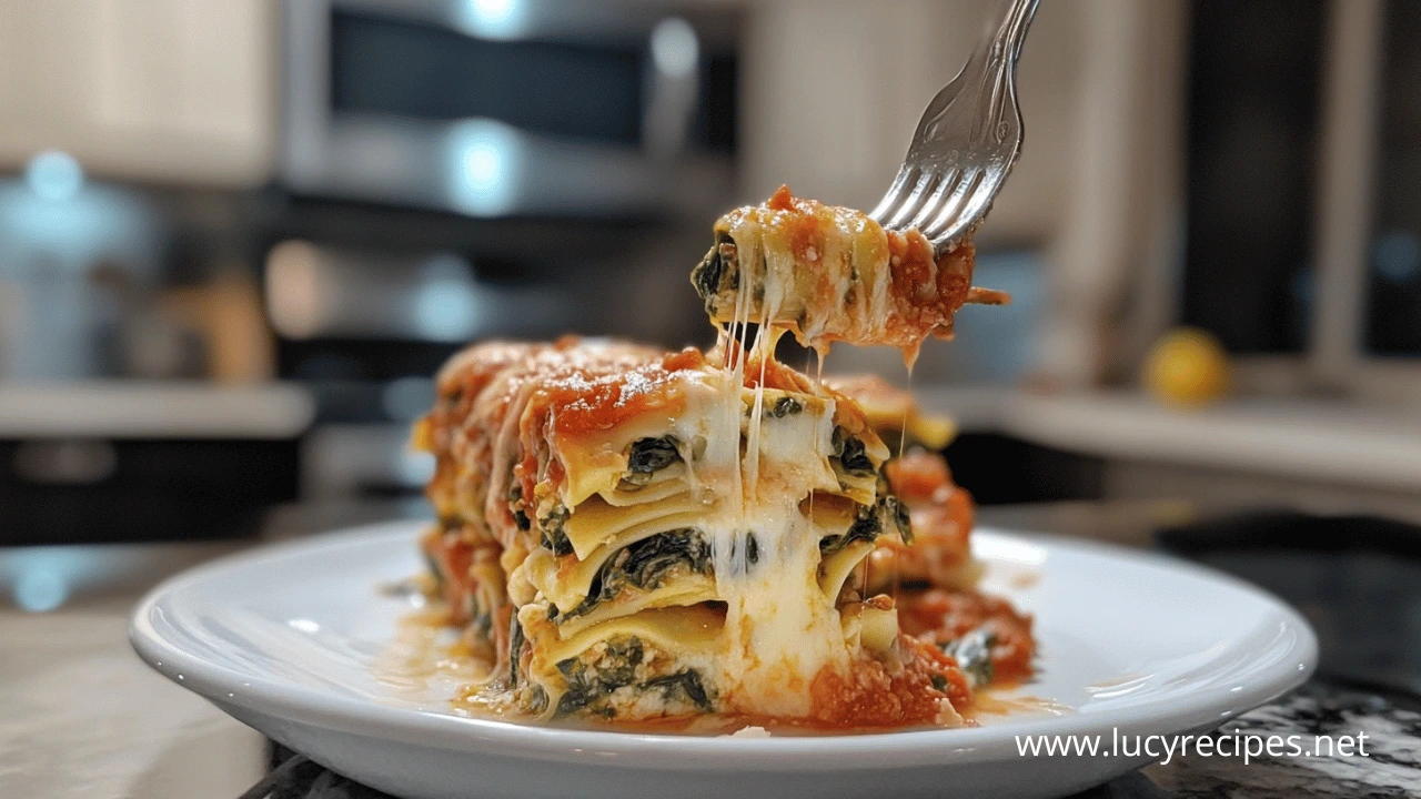 A close-up of spinach lasagna roll-ups on a white plate, with a fork lifting a cheesy, saucy bite in a warm kitchen setting.