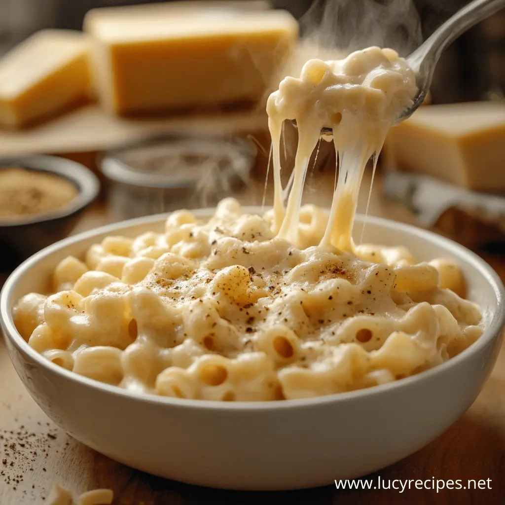 A steaming bowl of mac and cheese with gooey melted cheese stretching from a spoonful, topped with black pepper, with blocks of cheese in the background