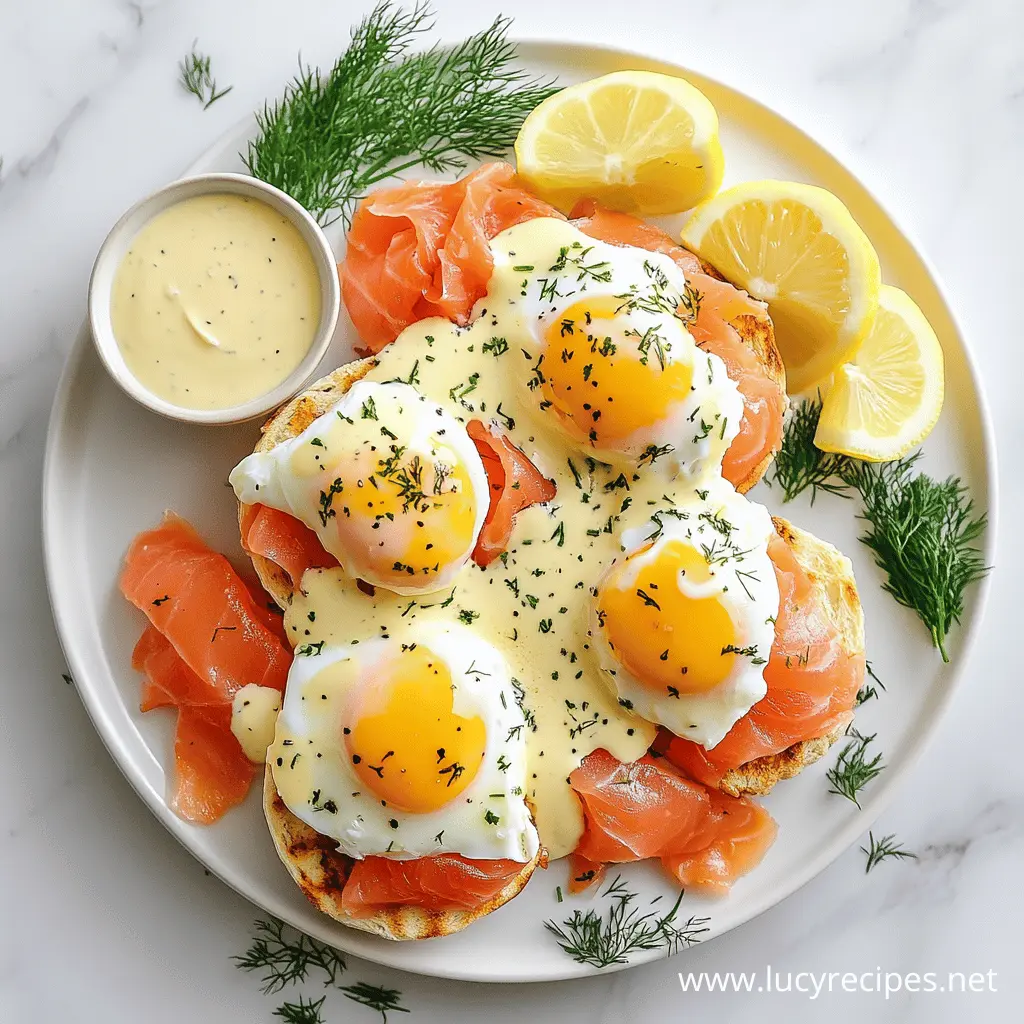 A plate of Eggs Benedict Royale with smoked salmon, poached eggs, and creamy hollandaise sauce, garnished with fresh dill and lemon wedges