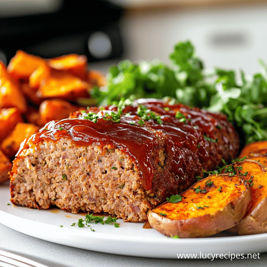 A juicy meatloaf topped with a rich glaze, served with roasted sweet potatoes and fresh herbs on a white plate