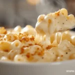 A steaming bowl of mac and cheese with a golden breadcrumb topping, featuring gooey melted cheese stretching from a spoonful.