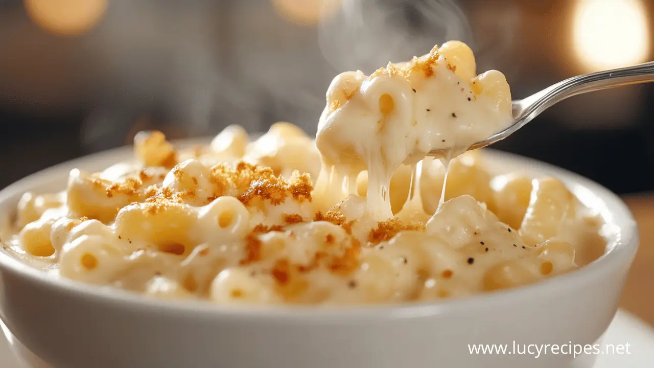 A steaming bowl of mac and cheese with a golden breadcrumb topping, featuring gooey melted cheese stretching from a spoonful.