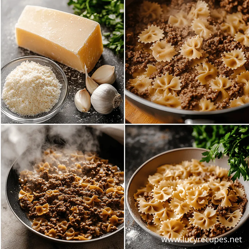 Creamy Beef and Bowtie Pasta being prepared in a skillet with ground beef, farfalle pasta, grated parmesan cheese, garlic, and fresh parsley on a dark countertop.