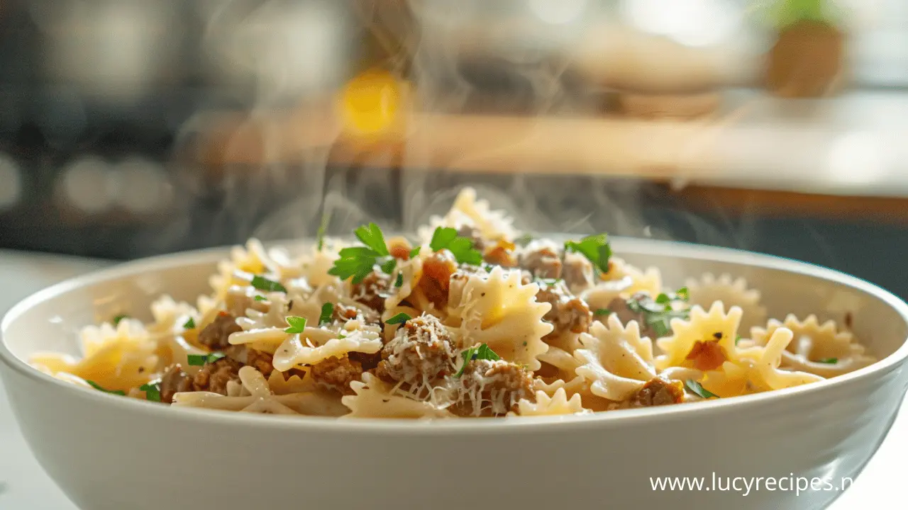 Creamy Beef and Bowtie Pasta served in a white bowl, featuring steaming farfalle pasta with seasoned ground beef, grated cheese, and fresh parsley garnish.