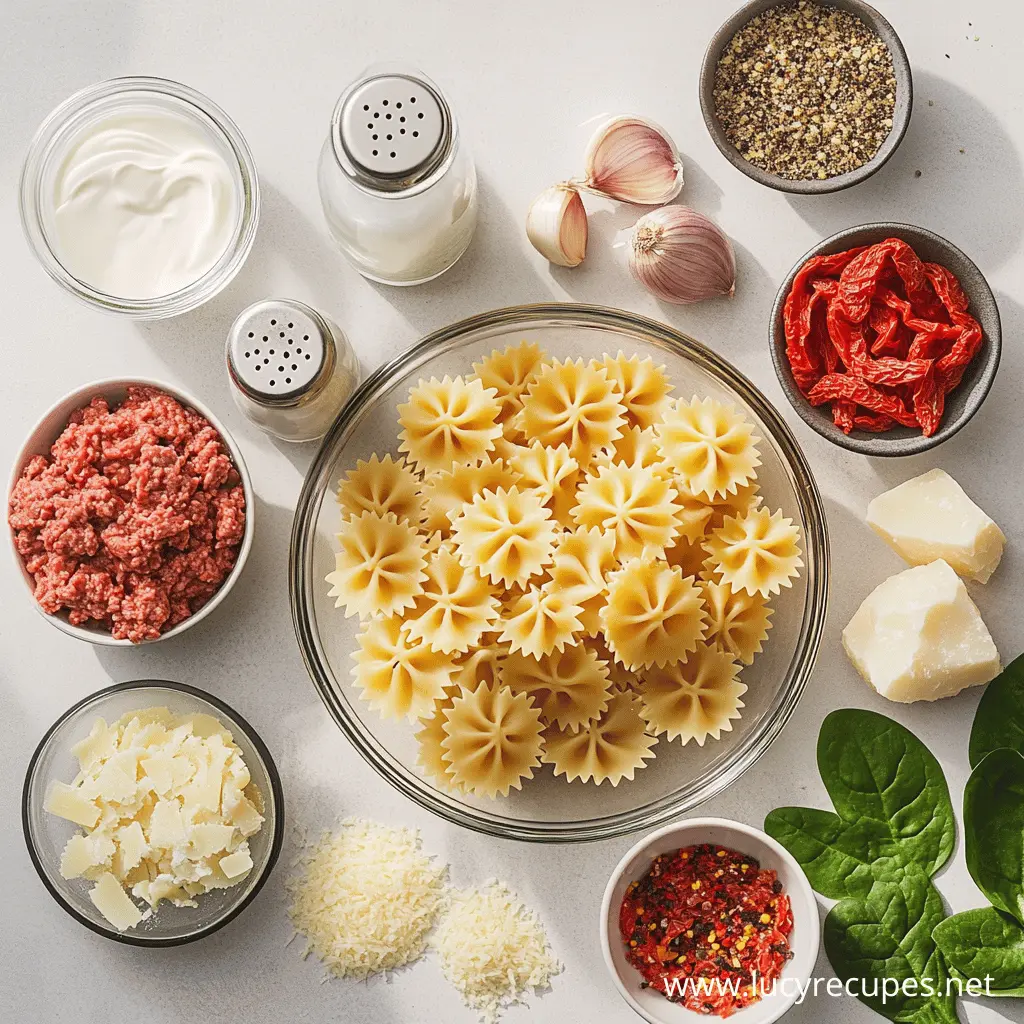 Ingredients for Creamy Beef and Bowtie Pasta displayed on a white surface, including uncooked farfalle pasta, ground beef, garlic, sun-dried tomatoes, spinach, parmesan cheese, sour cream, salt, pepper, and red chili flakes.