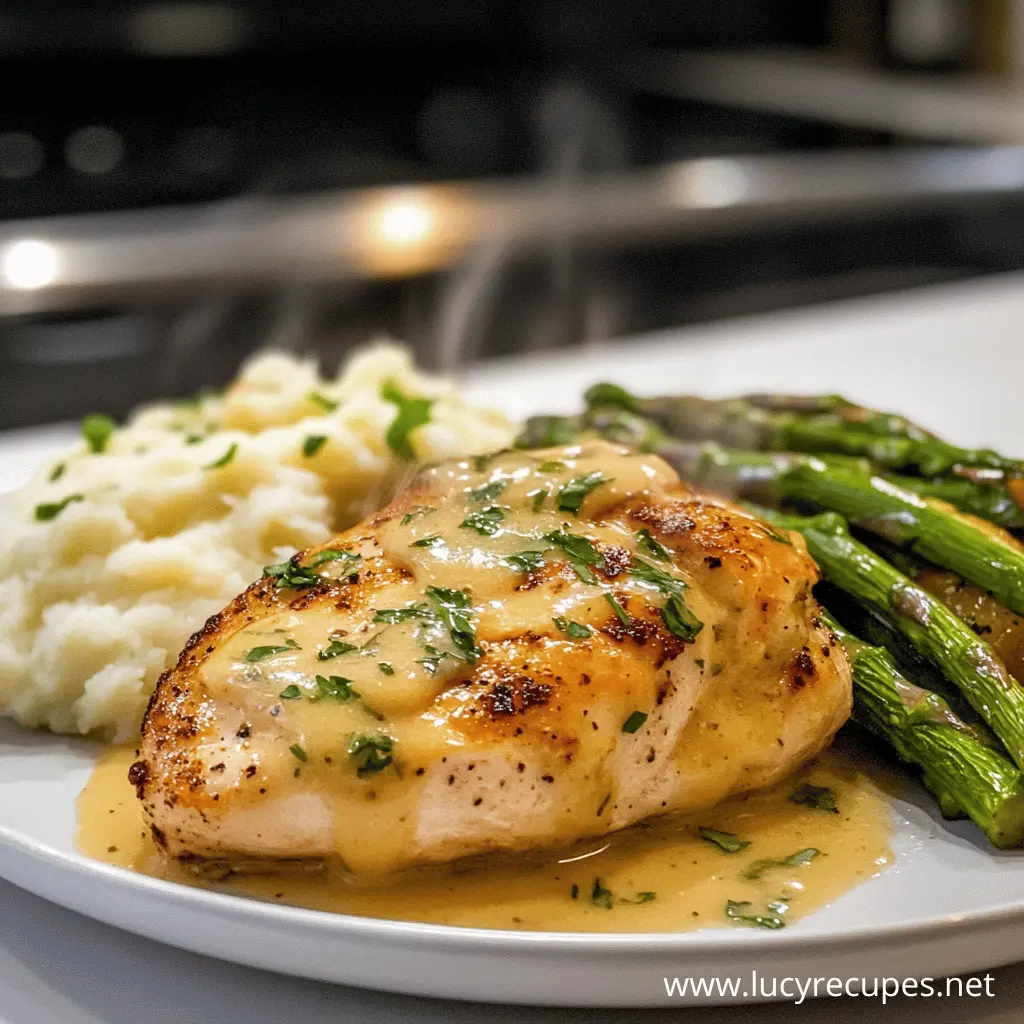 Best Sides for Creamy Garlic Chicken featuring a tender, golden-brown chicken breast drizzled with a rich garlic sauce, served alongside creamy mashed potatoes and roasted asparagus, garnished with fresh parsley.