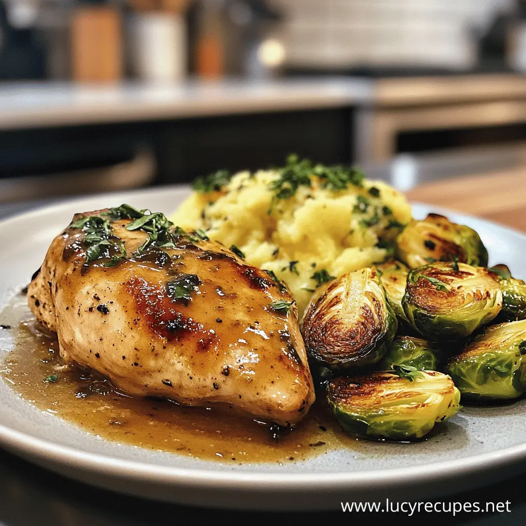 Best Sides for Creamy Garlic Chicken featuring a glazed garlic chicken breast served with fluffy mashed potatoes and crispy roasted Brussels sprouts, garnished with fresh herbs.