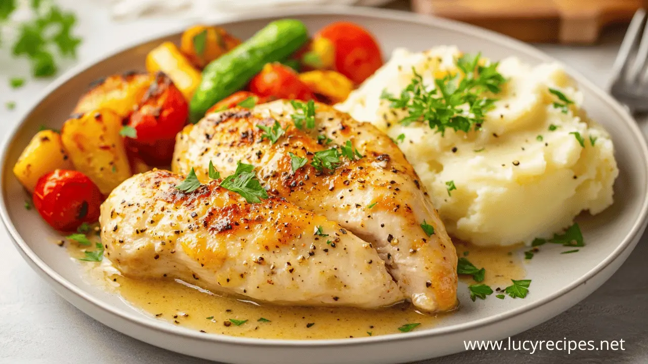 Best Sides for Creamy Garlic Chicken featuring a plate of juicy garlic chicken breast with a rich sauce, served alongside creamy mashed potatoes and roasted vegetables, garnished with fresh herbs.