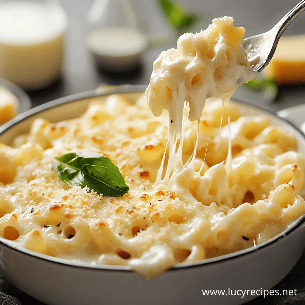 A bowl of mac and cheese with gooey melted cheese stretching from a fork, topped with grated Parmesan and a fresh basil leaf.