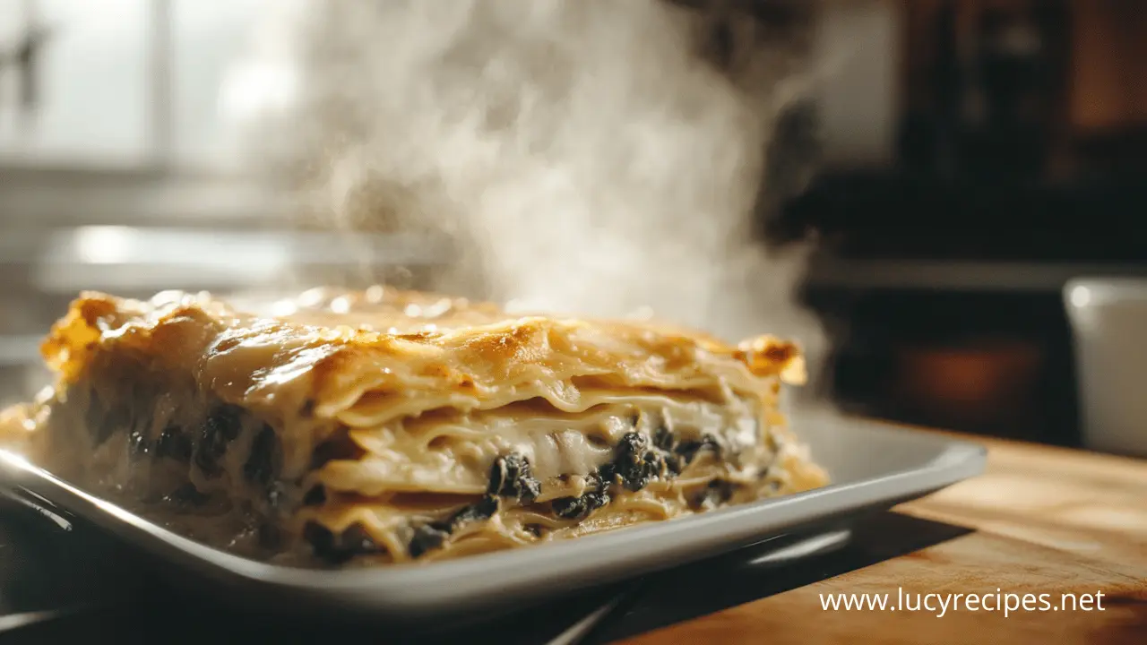 Prevent Watery Spinach Lasagna with this rich and cheesy homemade dish, featuring perfectly layered pasta, creamy ricotta, and tender spinach, served steaming hot on a plate.