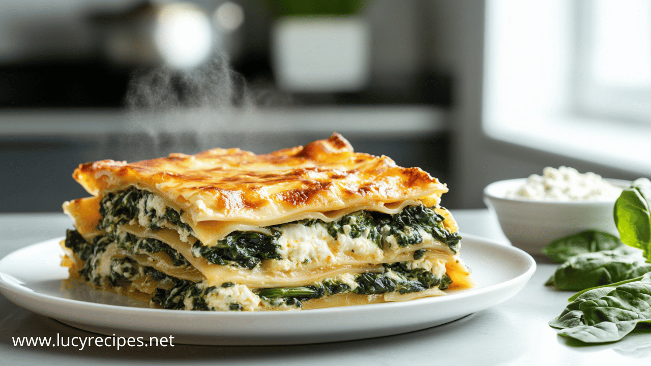 Fresh spinach instead of frozen in lasagna, layered with ricotta cheese and pasta sheets, served on a white plate with steam rising