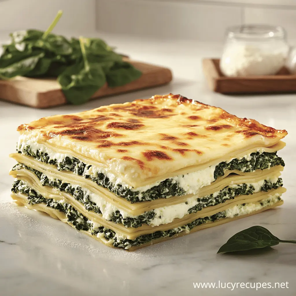 Prevent Watery Spinach Lasagna with this perfectly layered dish, featuring tender pasta sheets, creamy ricotta, fresh spinach, and a golden, bubbly cheese topping, served on a marble countertop.