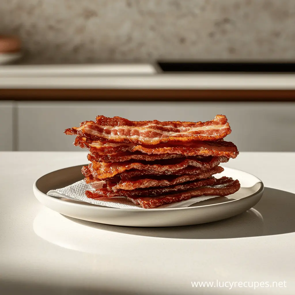 Crispy bacon stack on a white plate, resting on a paper towel, with a modern kitchen background, prepared for the Smoky BBQ Bacon Melt sandwich