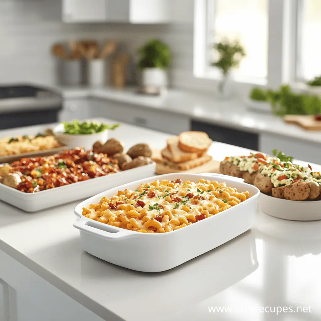 A variety of the best sides for chicken wraps, including creamy macaroni and cheese, baked potatoes with toppings, and a hearty bean casserole, all served in white dishes on a kitchen countertop.