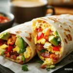 A freshly made breakfast burrito filled with scrambled eggs, crispy bacon, avocado, cheese, and vegetables, served with salsa and coffee