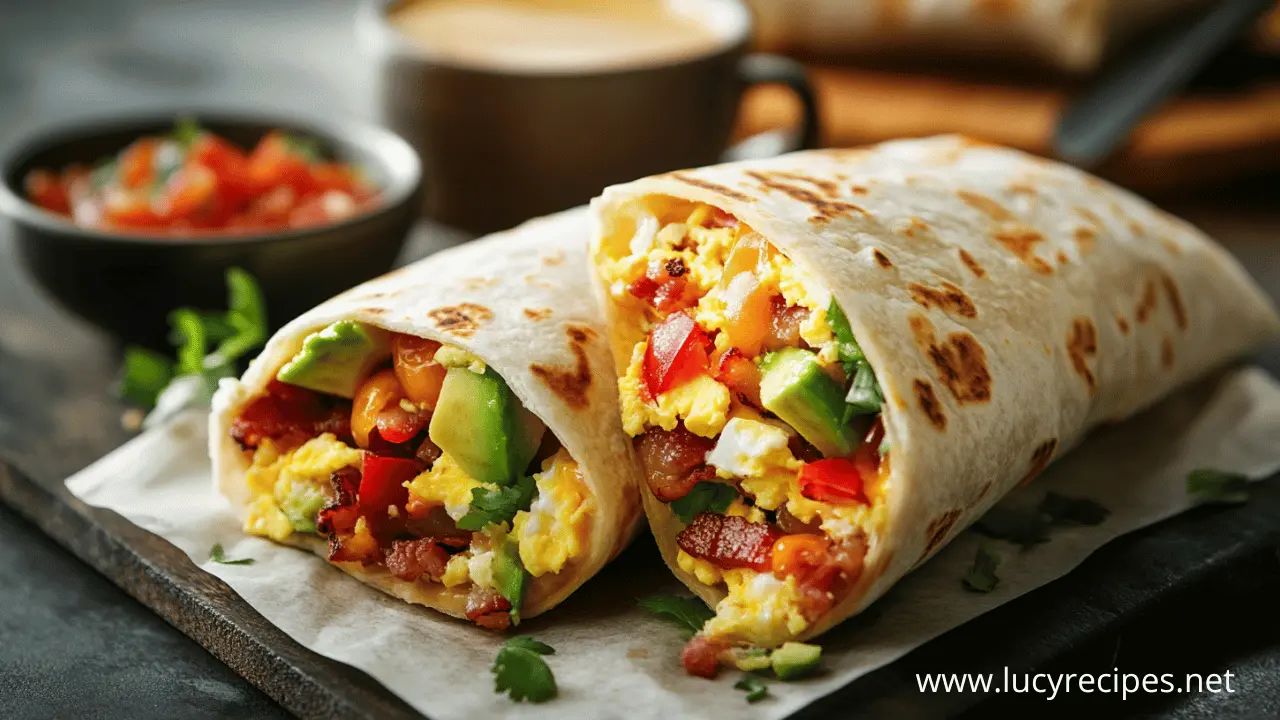 A freshly made breakfast burrito filled with scrambled eggs, crispy bacon, avocado, cheese, and vegetables, served with salsa and coffee