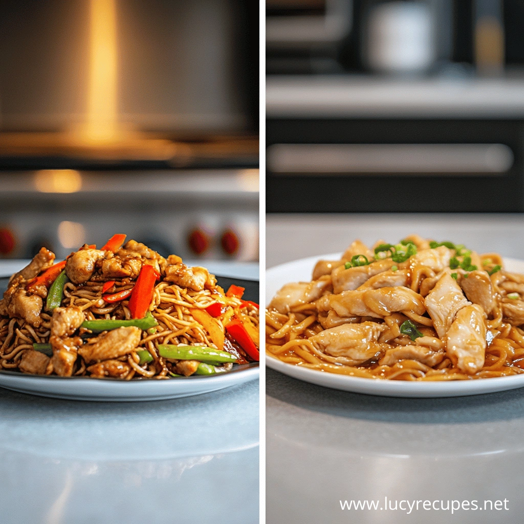 Two plates of chicken chow mein showcasing different variations—one with colorful bell peppers and stir-fried noodles, and the other with tender chicken in a rich, savory sauce over soft noodles.