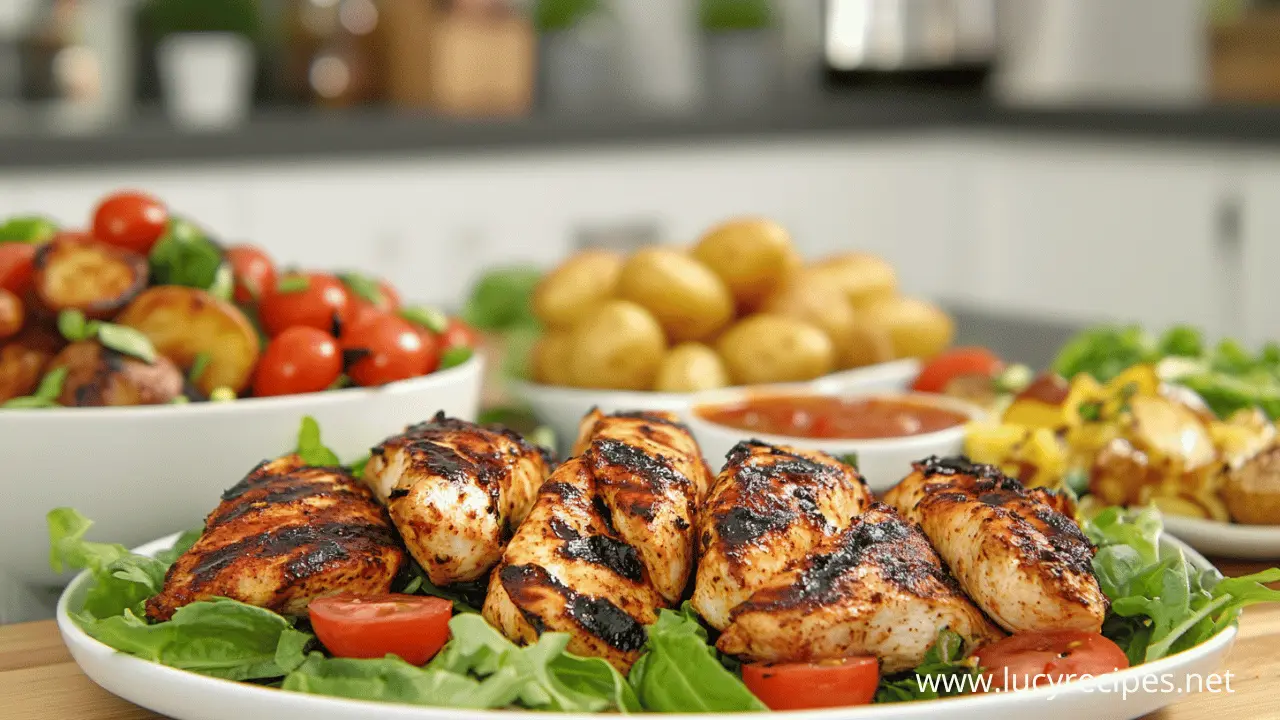 Grilled chicken breast served with fresh salad, roasted potatoes, cherry tomatoes, and the best sides for chicken wraps