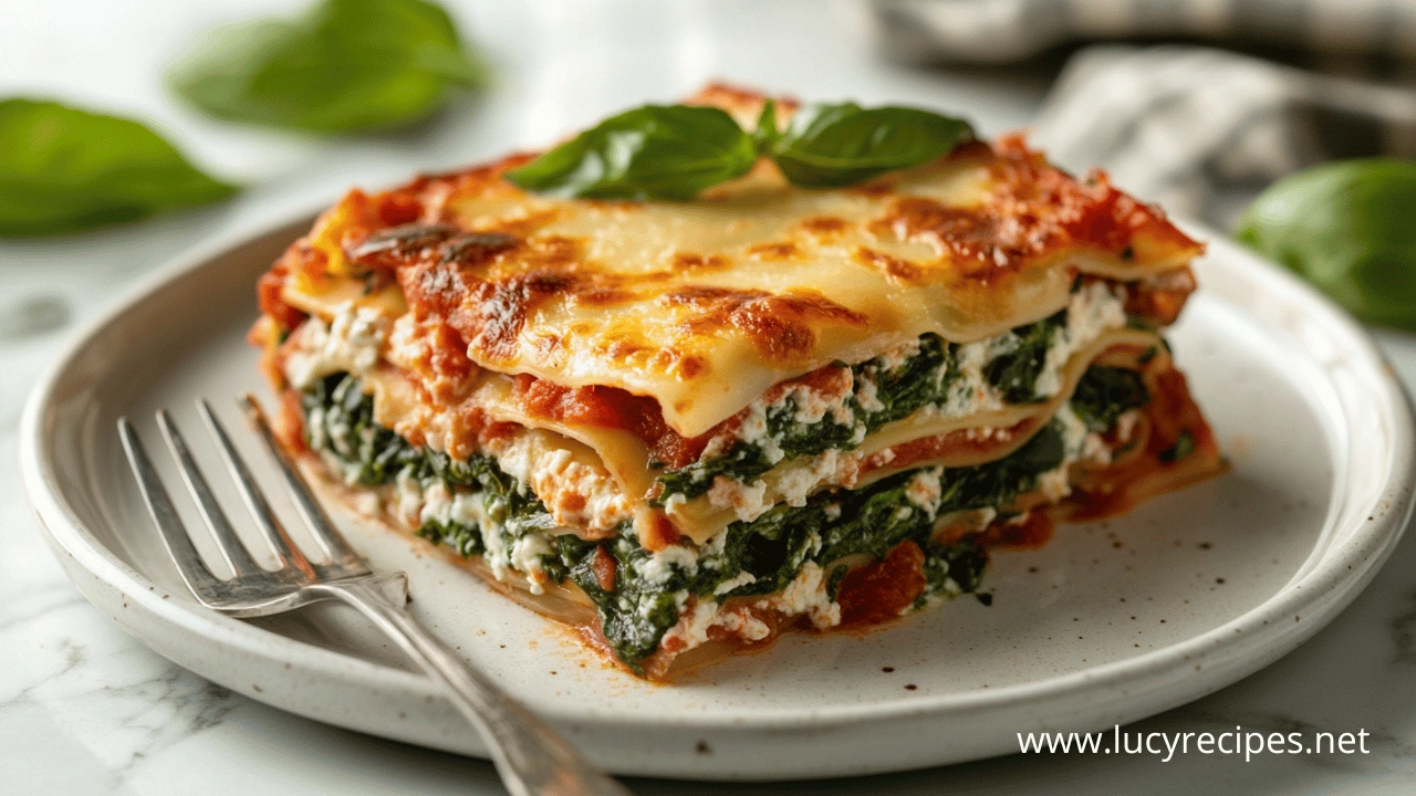 How Spinach Lasagne Recipe with layers of pasta, ricotta cheese, spinach, marinara sauce, and melted cheese, garnished with fresh basil on a white plate.