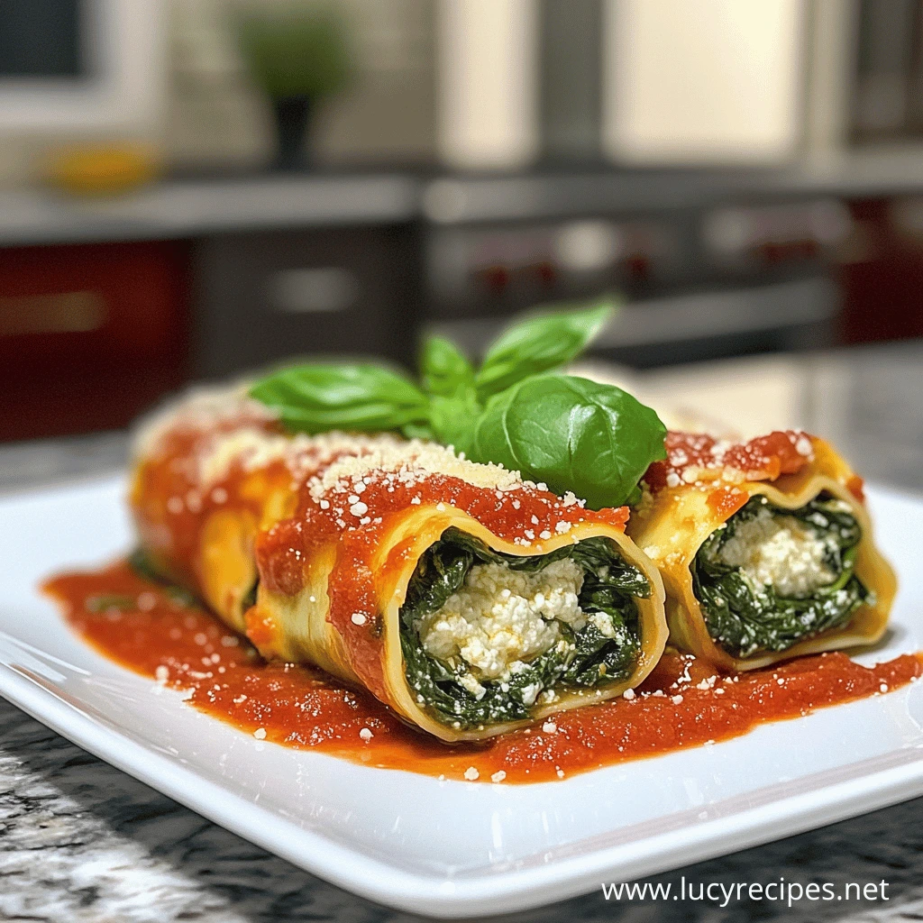 A plate of spinach lasagna roll-ups topped with marinara sauce, grated cheese, and fresh basil, served on a white dish in a modern kitchen.