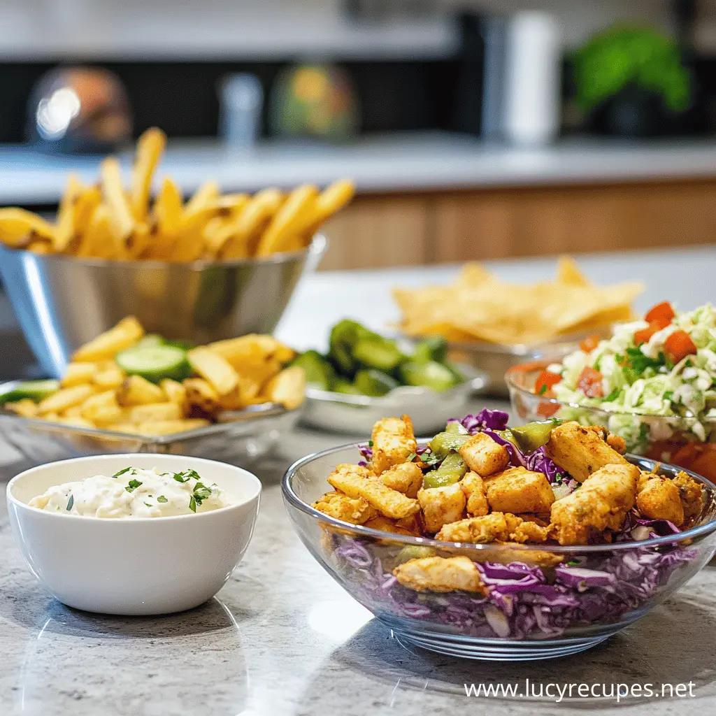 A colorful assortment of the best sides for chicken wraps, including crispy fries, creamy dip, fresh cucumber slices, tortilla chips, and a vibrant salad with diced tomatoes and cabbage.