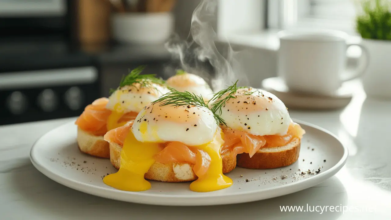 A plate of Eggs Benedict Royale with smoked salmon, poached eggs, and fresh dill on toasted bread, with yolk oozing onto the plate