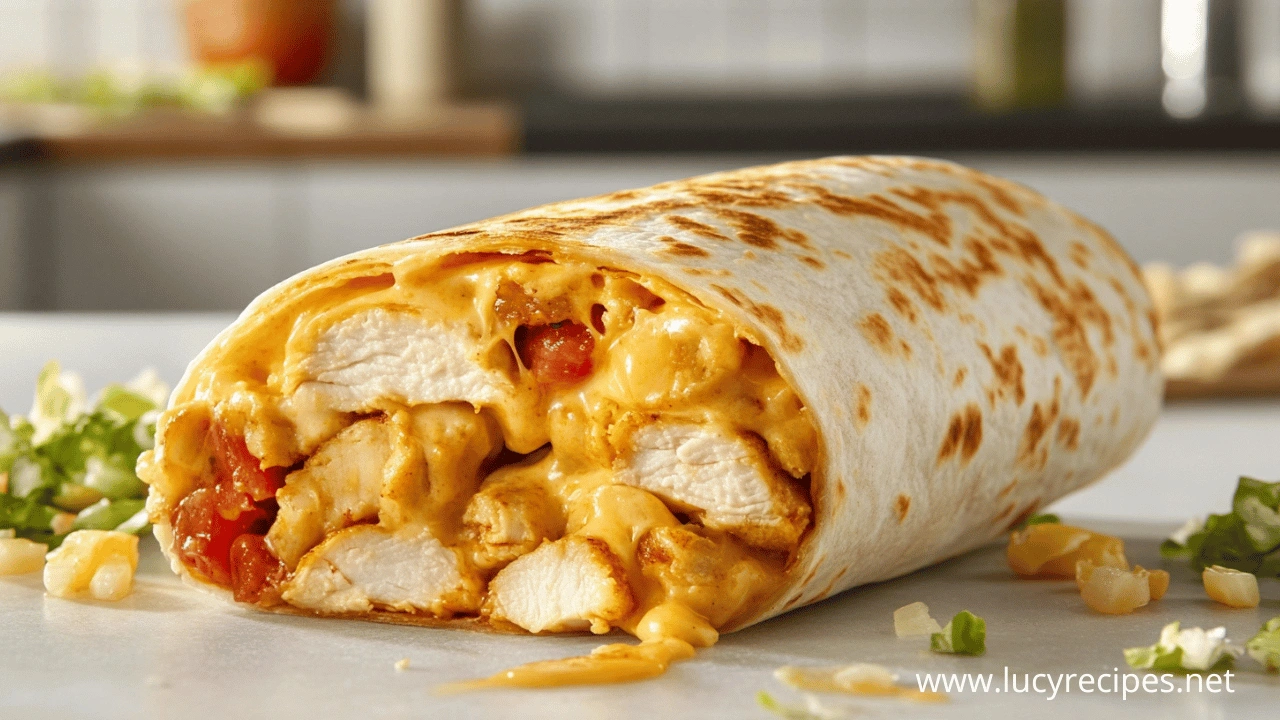 A close-up of a cheesy chicken garlic wrap filled with tender chicken pieces, melted cheese, and diced tomatoes, wrapped in a toasted tortilla with creamy garlic sauce oozing out.