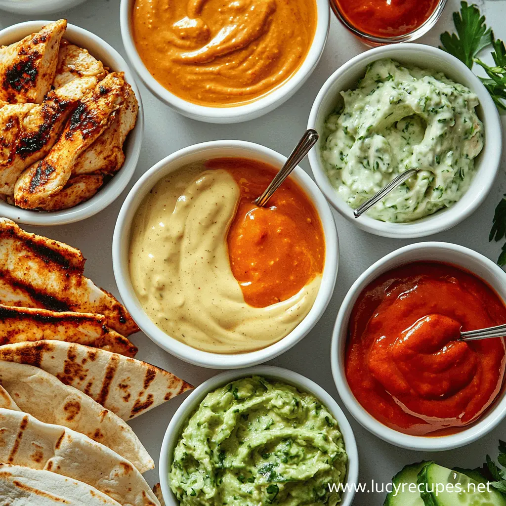 An assortment of the best sides for chicken wraps, featuring grilled chicken, flatbreads, guacamole, creamy dips, and a variety of sauces in small white bowls with spoons.