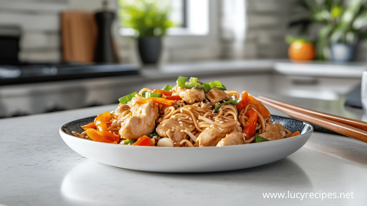 A plate of chicken chow mein featuring tender chicken pieces, stir-fried noodles, colorful bell peppers, and green onions, garnished with sesame seeds, served with chopsticks.