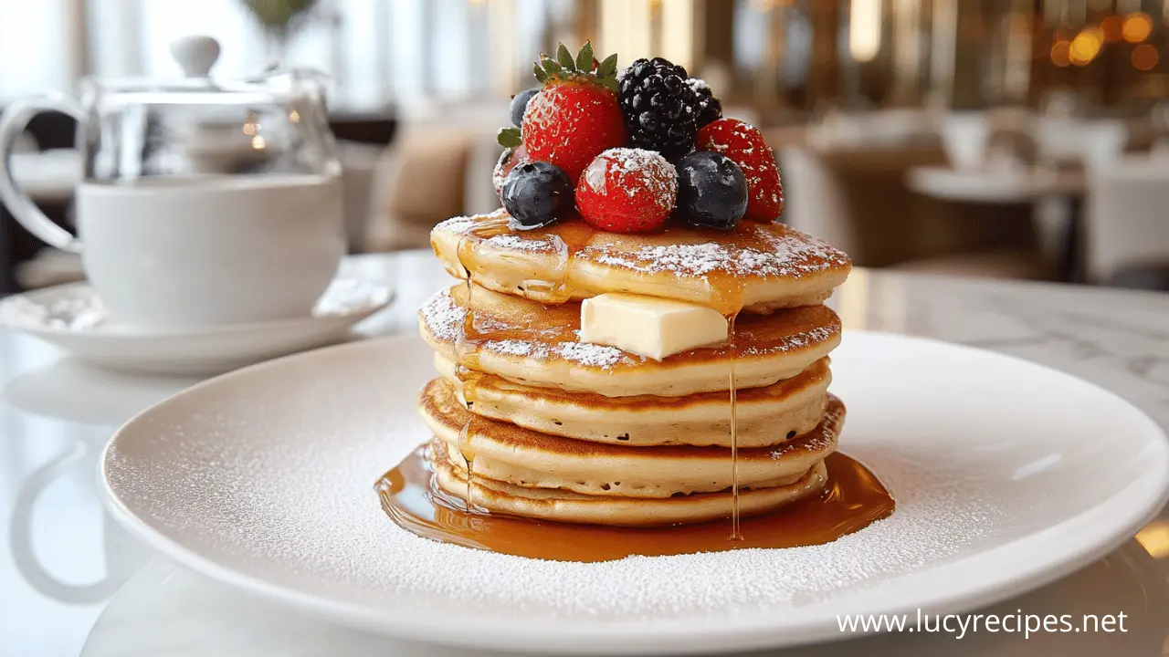 Stack of fluffy pancakes with syrup drizzling down the sides, topped with fresh strawberries, blueberries, and blackberries, with a pat of butter melting on top, served on a white plate with powdered sugar, alongside a teapot in a cozy café setting.