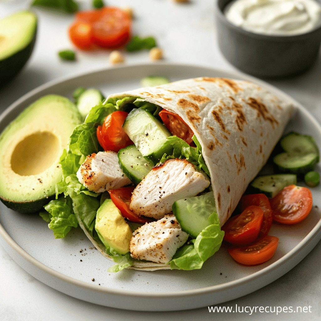 Are chicken wraps healthy? A grilled chicken wrap filled with fresh lettuce, cherry tomatoes, cucumber slices, avocado, and seasoned grilled chicken, served on a white plate with a halved avocado and a bowl of yogurt in the background.