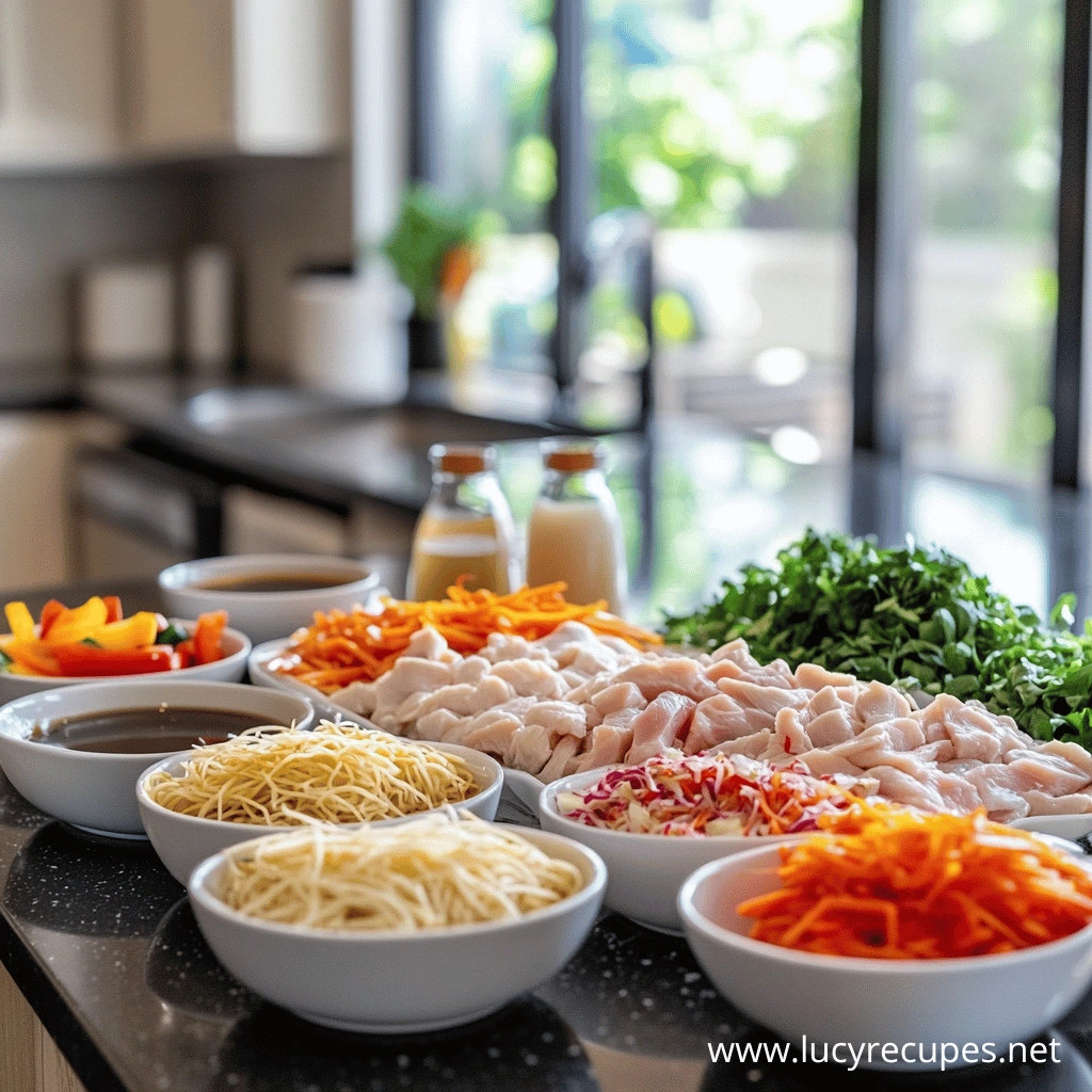 A variety of fresh ingredients for a chicken chow mein recipe, including bowls of noodles, diced chicken, sliced carrots, bell peppers, leafy greens, and sauces, neatly arranged on a kitchen counter