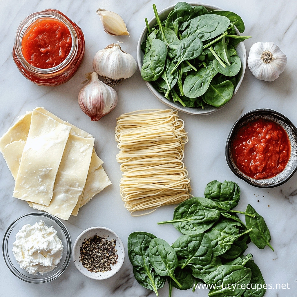 How Spinach Lasagne Recipe ingredients including fresh spinach, ricotta cheese, lasagne sheets, spaghetti, marinara sauce, garlic, and black pepper on a marble surface.