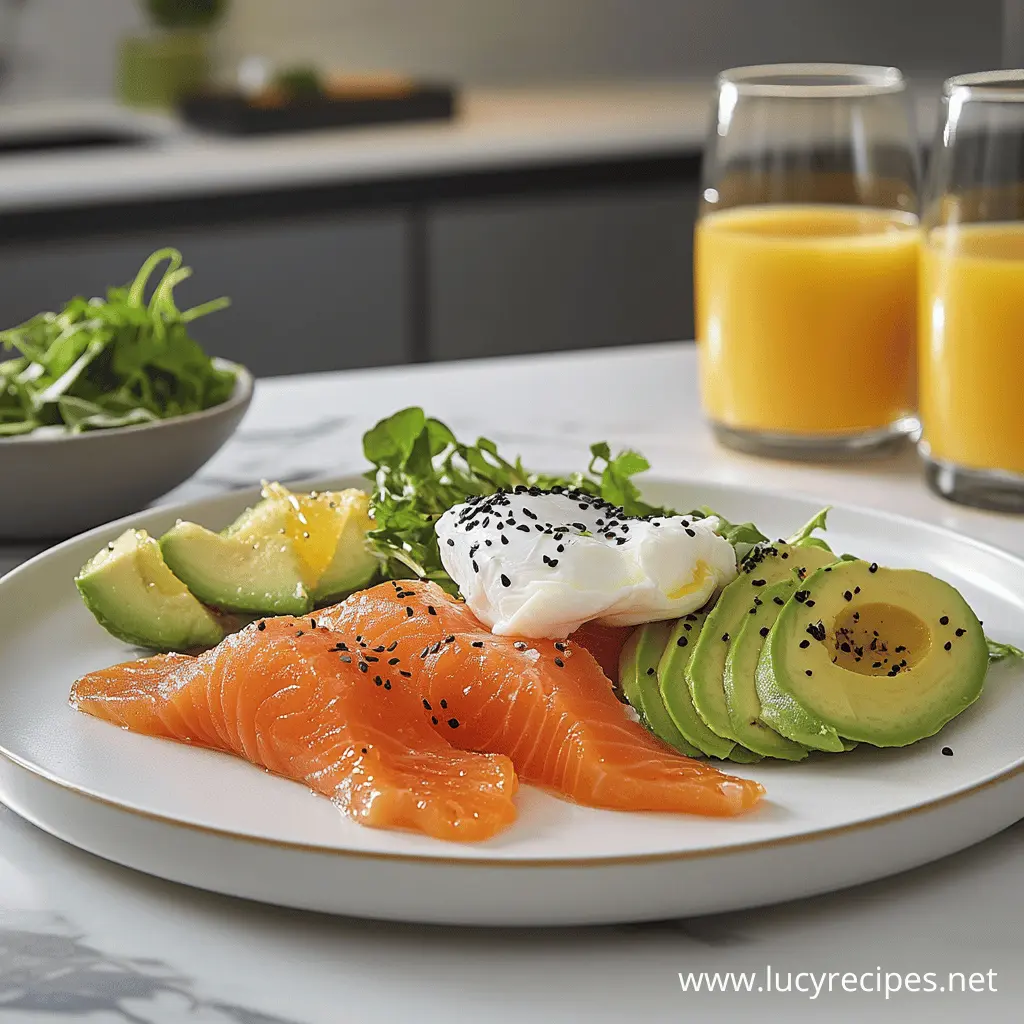 A modern take on Eggs Benedict Royale with smoked salmon, poached egg, sliced avocado, and arugula, garnished with black sesame seeds on a white plate