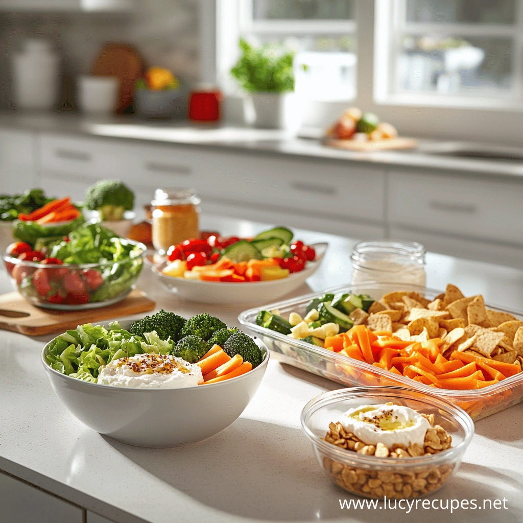 A colorful assortment of the best sides for chicken wraps, including fresh vegetable salads, carrot sticks, broccoli, cucumber slices, crackers, and creamy dips, all arranged in bowls and trays on a kitchen counter.