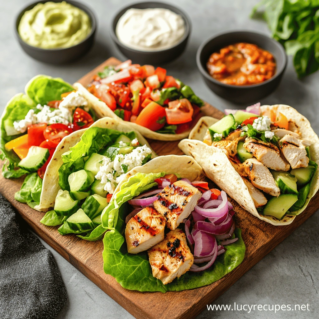 Are chicken wraps healthy? A wooden board with freshly made chicken wraps filled with grilled chicken, crisp lettuce, cucumbers, cherry tomatoes, red onions, and feta cheese, served with dips.