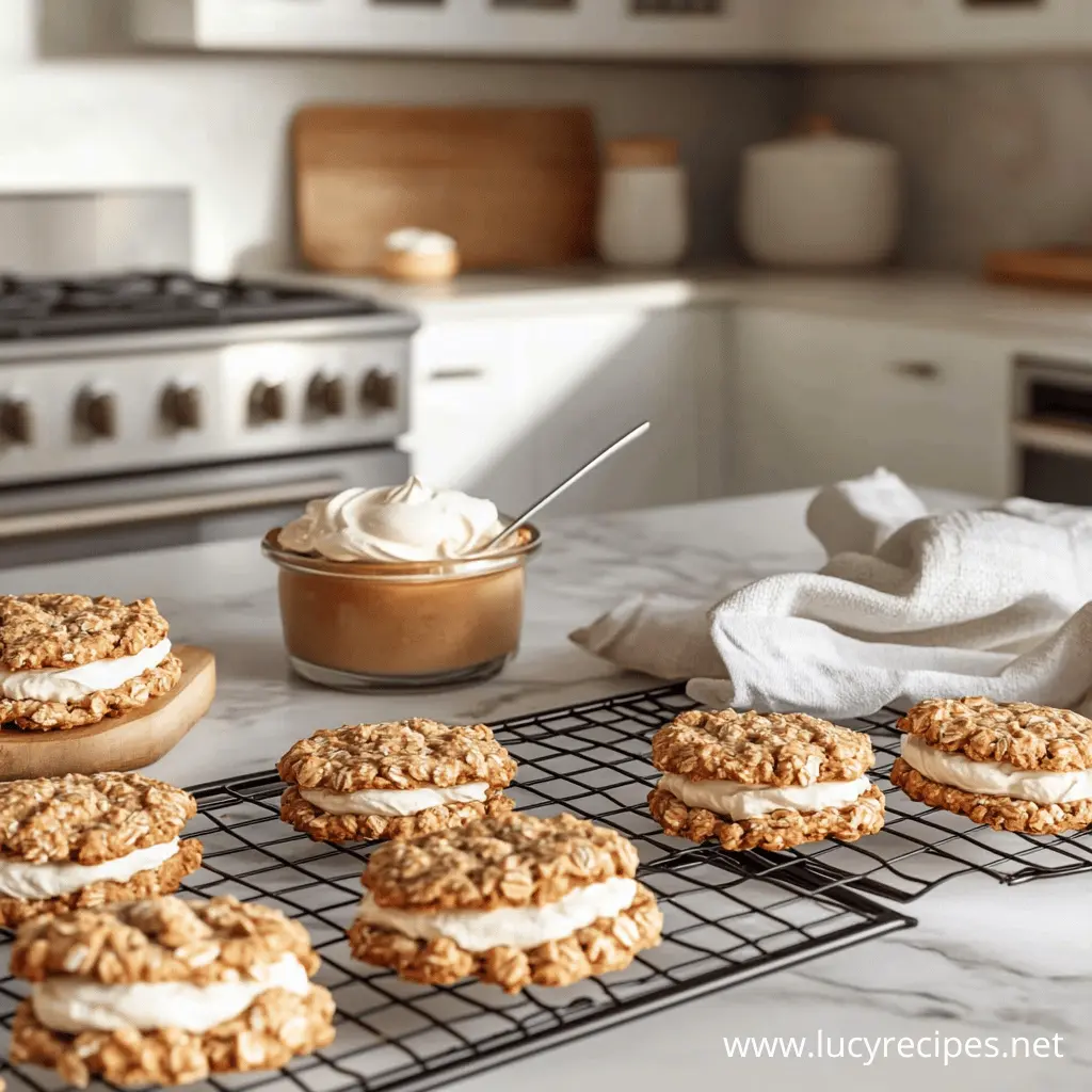 A batch of homemade oatmeal cream pies cooling on a wire rack in a bright kitchen, with a bowl of fluffy cream filling in the background