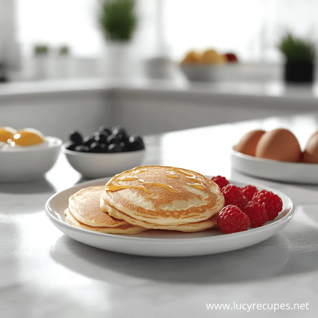 Plate of pancakes with syrup drizzled on top, accompanied by fresh raspberries, with bowls of eggs, blueberries, and other breakfast ingredients in the background, in a bright kitchen setting