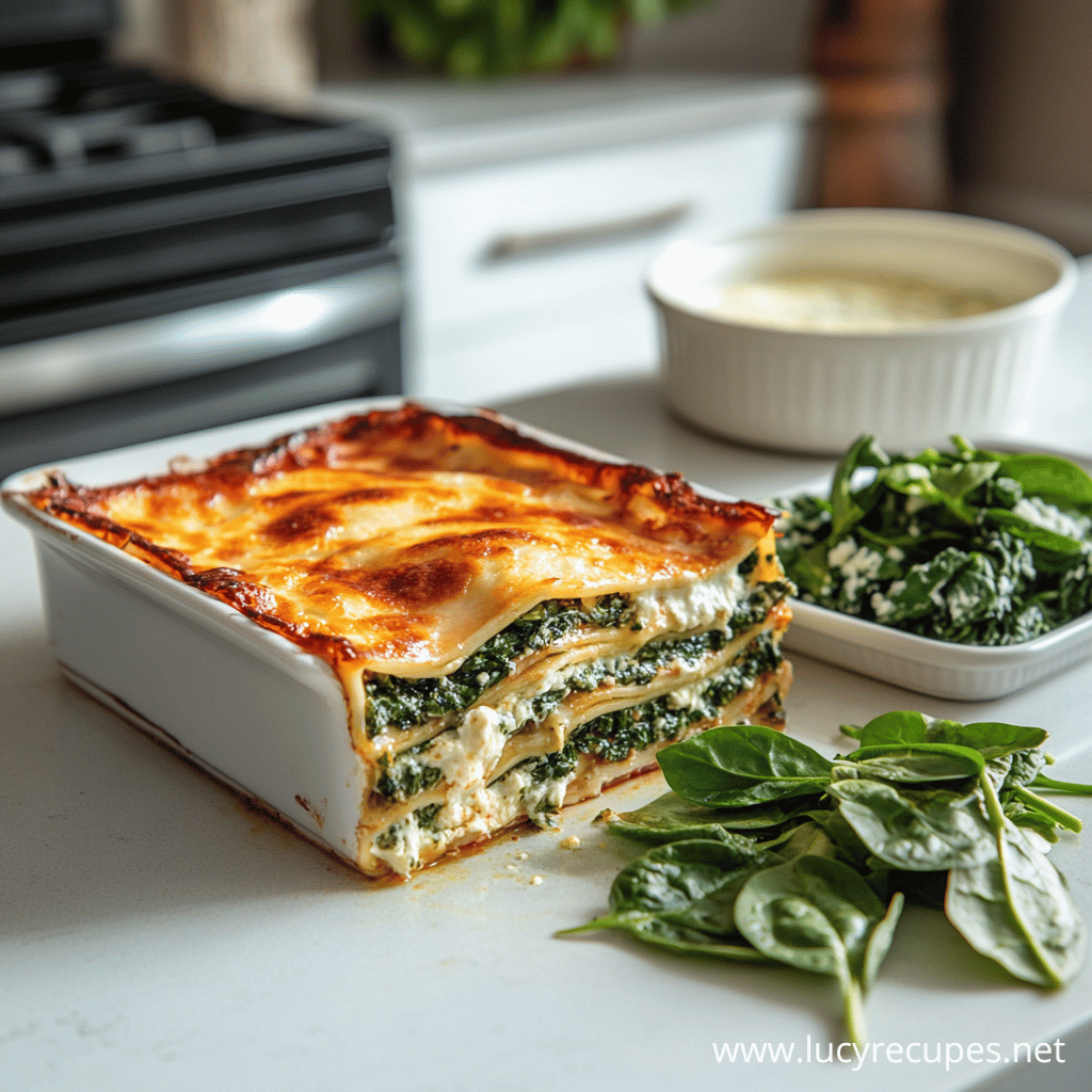 Fresh spinach instead of frozen in lasagna, layered with creamy ricotta and pasta sheets, baked to a golden-brown crust in a white dish, with fresh spinach and ricotta in the background