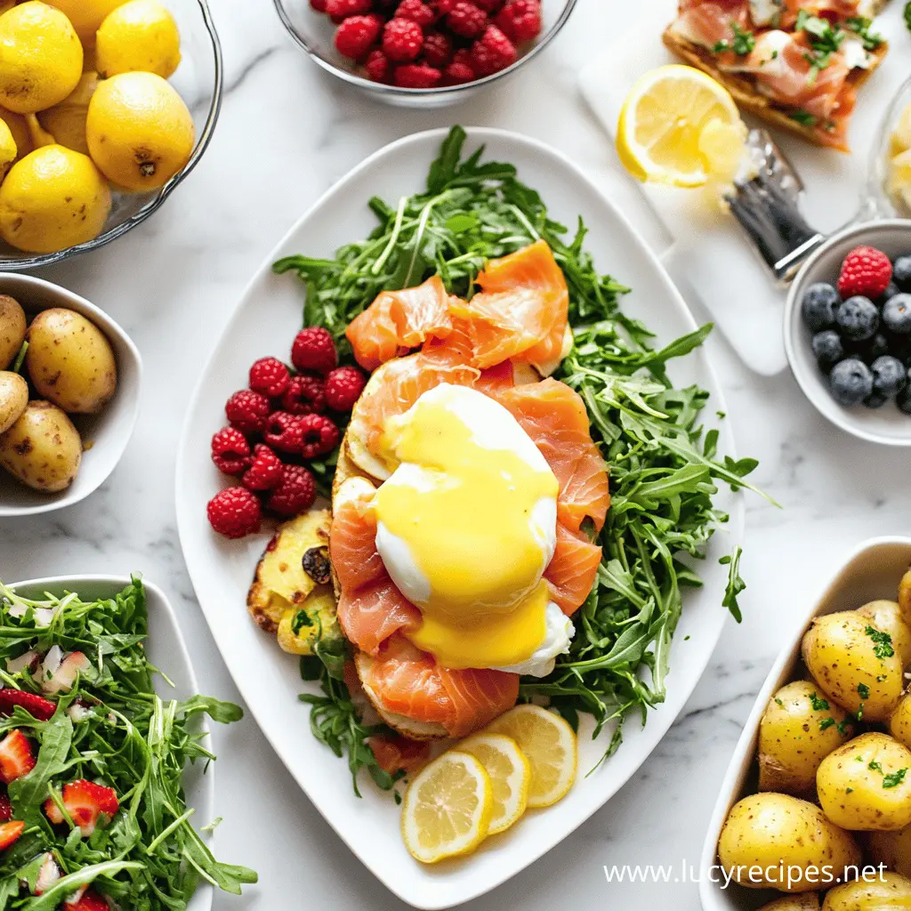 A beautifully plated Eggs Benedict Royale with smoked salmon, poached egg, and hollandaise sauce on a toasted muffin, served with fresh arugula, raspberries, and lemon slices