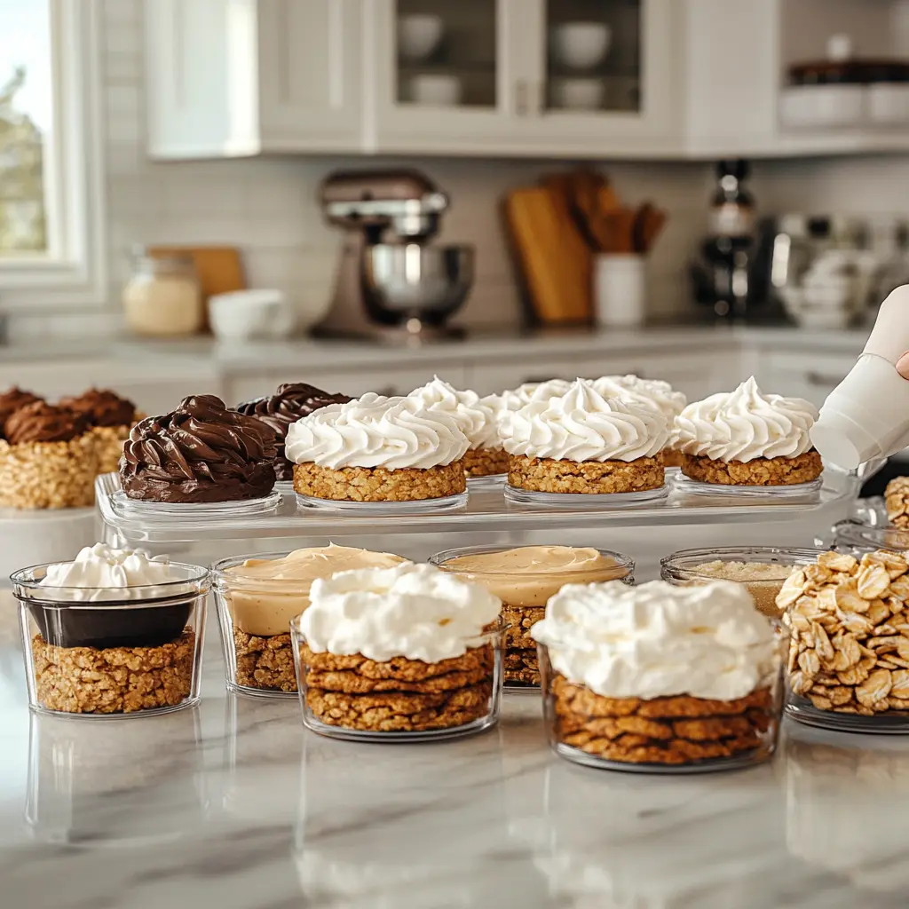 A variety of homemade oatmeal cream pies topped with whipped cream, chocolate, and peanut butter, beautifully arranged in a bright kitchen