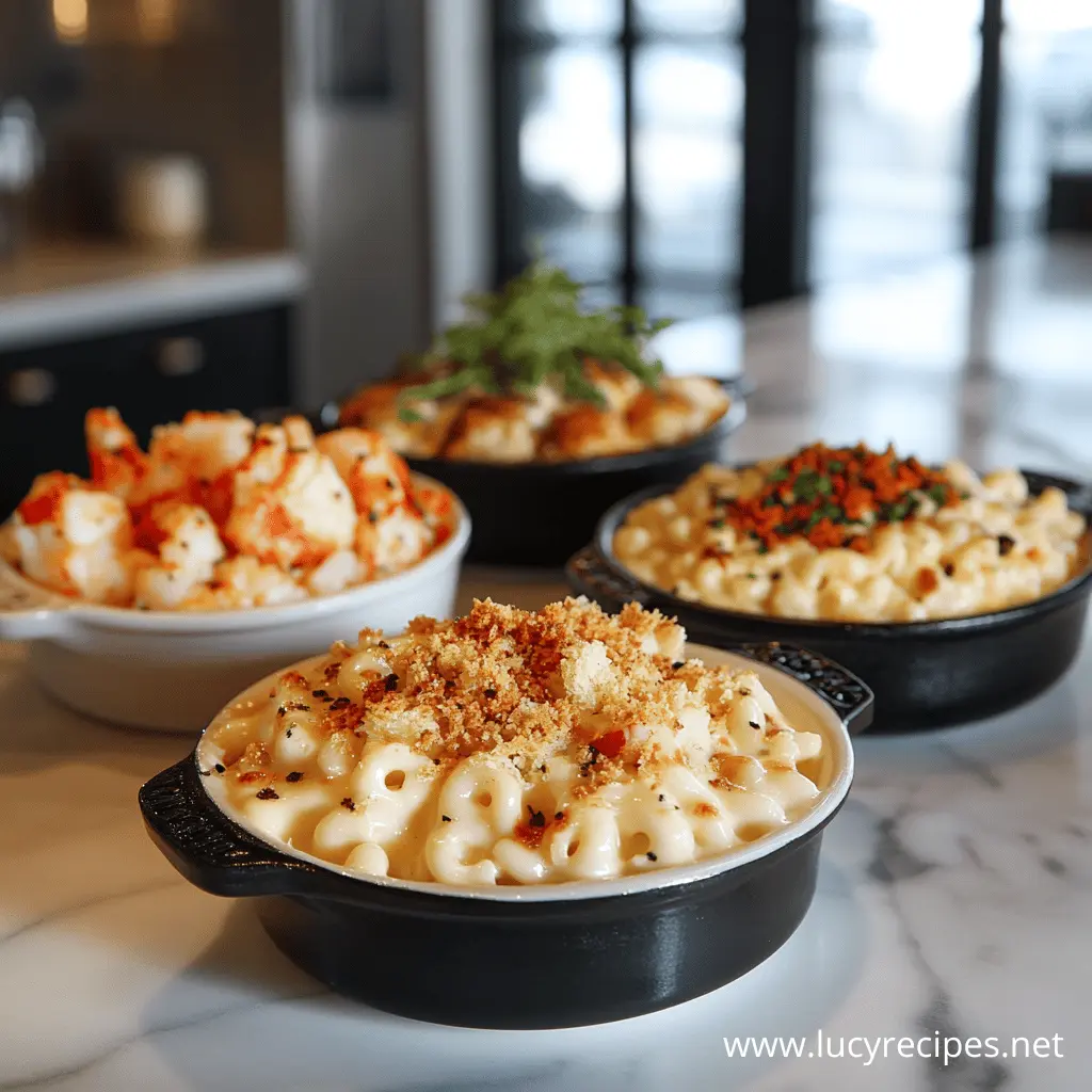 A selection of mac and cheese dishes served in black skillets, featuring different toppings such as crispy breadcrumbs, bacon, and fresh herbs, with a side of shrimp.