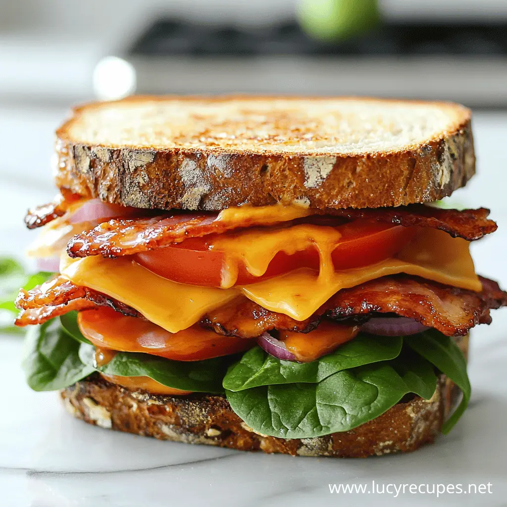 Gourmet Smoky BBQ Bacon Melt sandwich made with crispy bacon, melted cheddar cheese, fresh spinach, sliced tomato, red onion, and barbecue sauce, layered between two toasted slices of rustic whole-grain bread