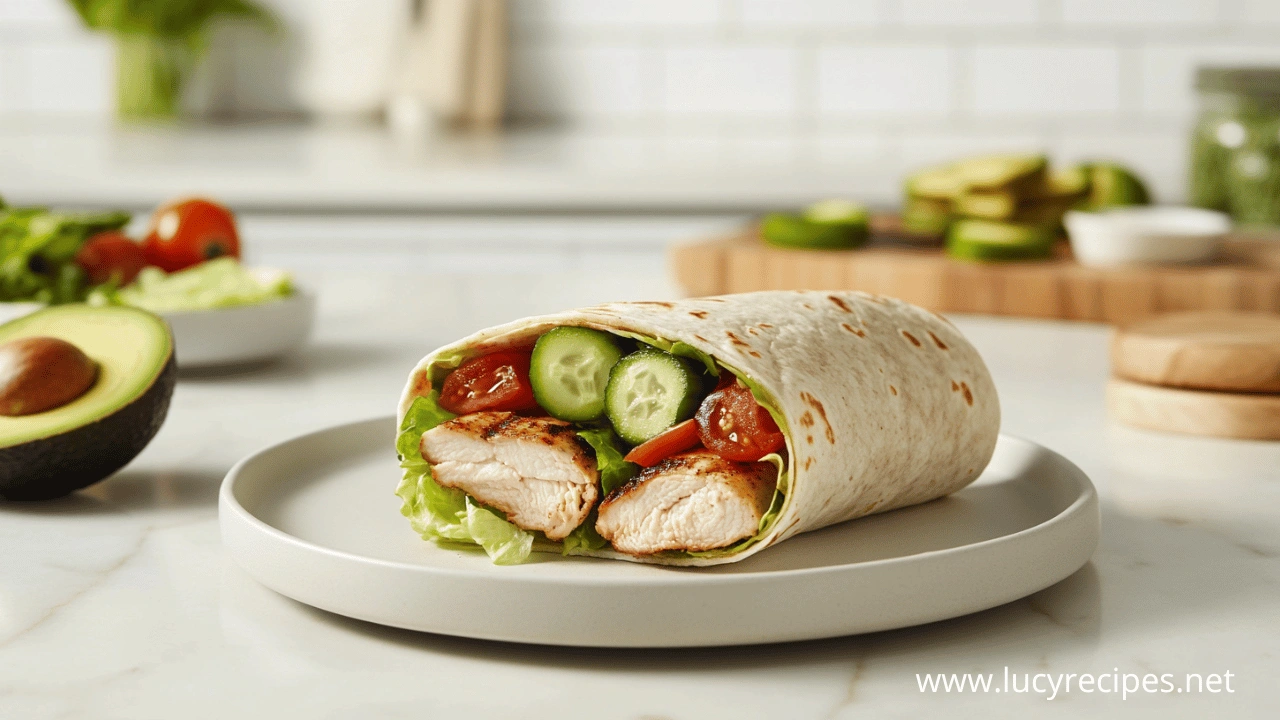 Are chicken wraps healthy? A freshly made grilled chicken wrap filled with lettuce, cherry tomatoes, cucumber slices, and grilled chicken, wrapped in a soft tortilla and placed on a white plate. Ingredients like avocado and cucumbers are visible in the background.