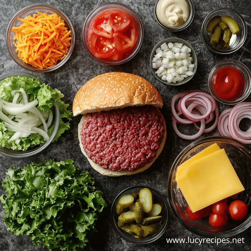 A raw hamburger patty on a sesame seed bun surrounded by fresh ingredients like lettuce, tomatoes, onions, pickles, cheese, and condiments.