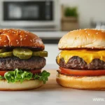 A classic hamburger with lettuce, tomato, pickles, and a shiny brioche bun next to a cheeseburger with melted cheddar on a sesame seed bun, served with fries in the background. Hamburger vs Cheeseburger comparison.