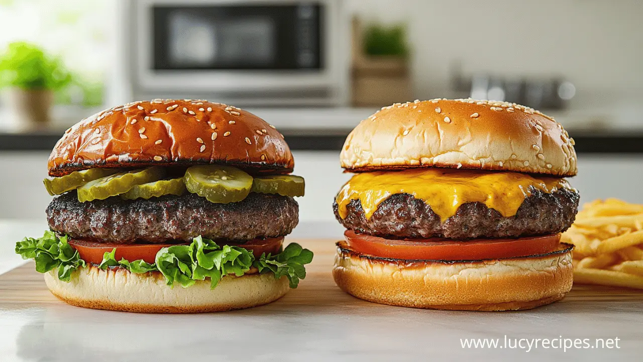 A classic hamburger with lettuce, tomato, pickles, and a shiny brioche bun next to a cheeseburger with melted cheddar on a sesame seed bun, served with fries in the background. Hamburger vs Cheeseburger comparison.