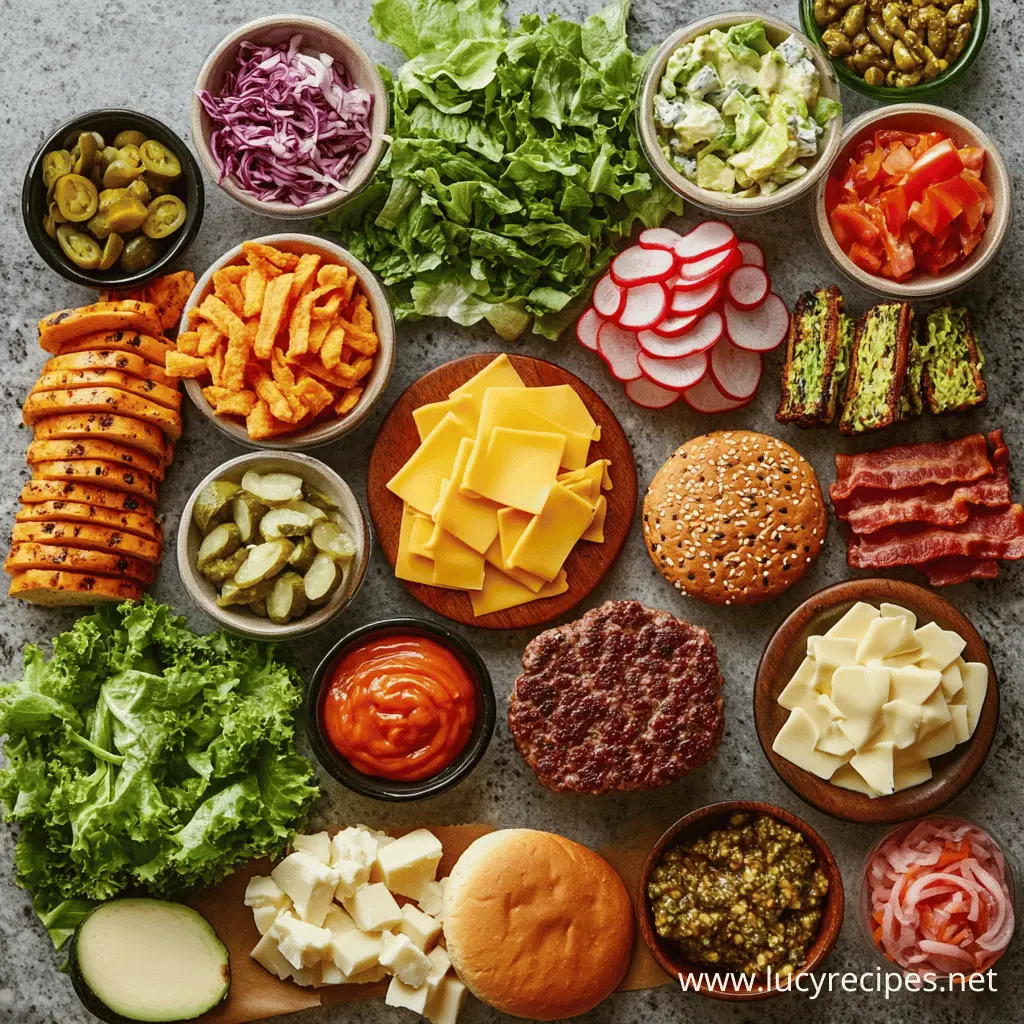 A variety of fresh and unique burger toppings, including cheeses, lettuce, pickles, bacon, sauces, and burger buns, arranged around a raw hamburger patty